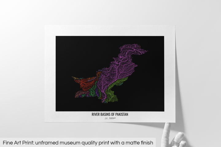 Pakistan - River basin map, rainbow colours - Wall Art