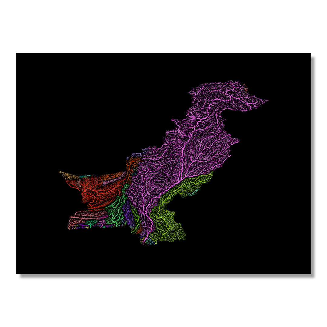 Pakistan - River basin map, rainbow colours - Wall Art