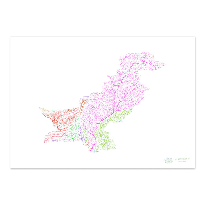 River basin map of Pakistan, rainbow colours on white Fine Art Print