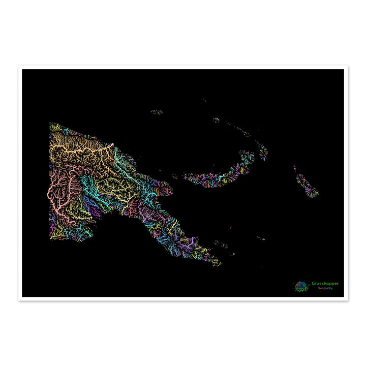 Papua New Guinea - River basin map, pastel on black - Fine Art Print