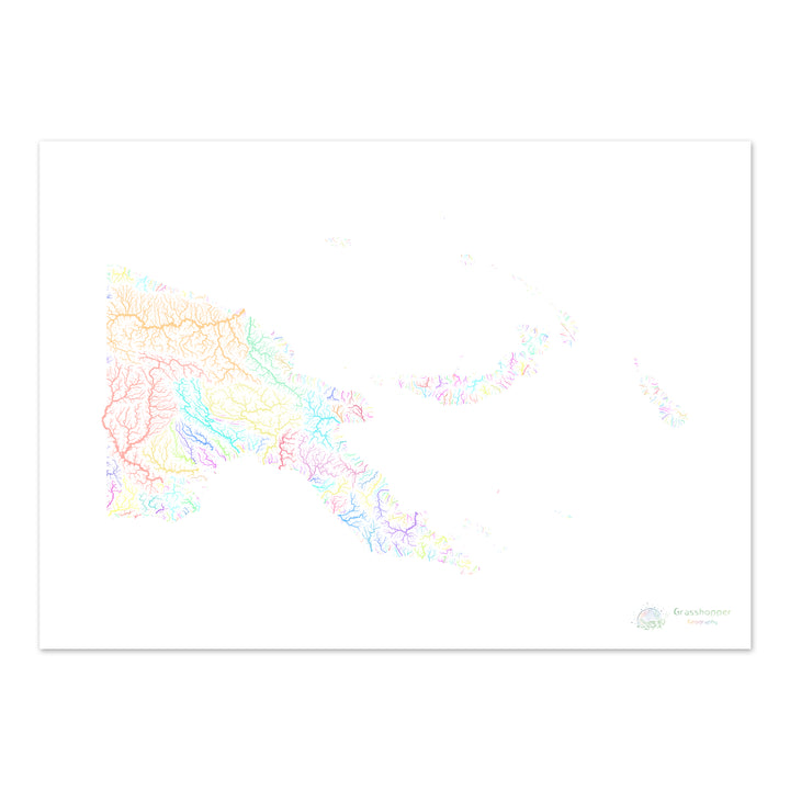Papouasie-Nouvelle-Guinée - Carte des bassins fluviaux, pastel sur blanc - Fine Art Print