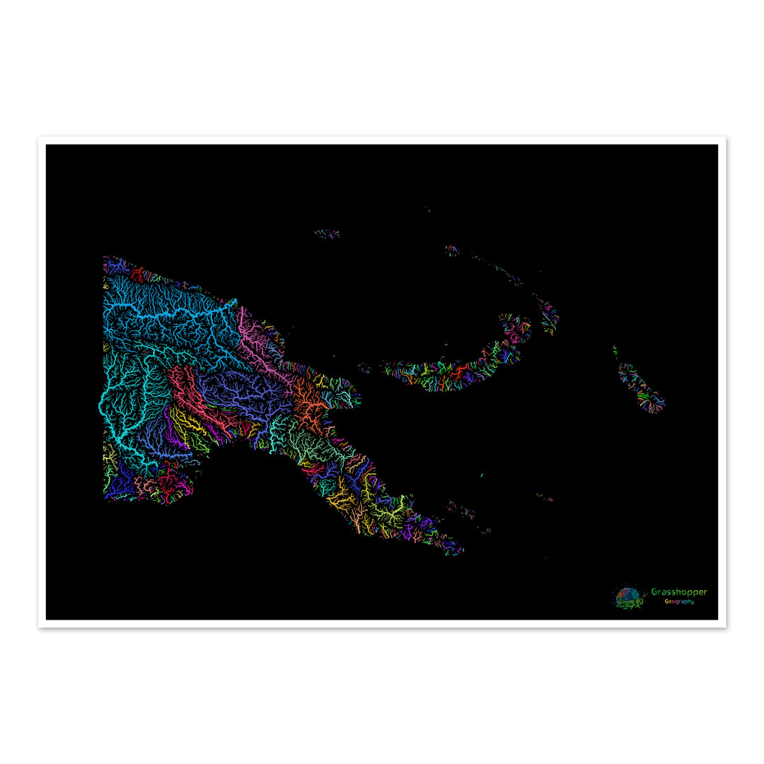 Papua New Guinea - River basin map, rainbow on black - Fine Art Print