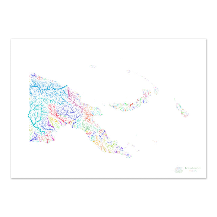 Papua New Guinea - River basin map, rainbow on white - Fine Art Print