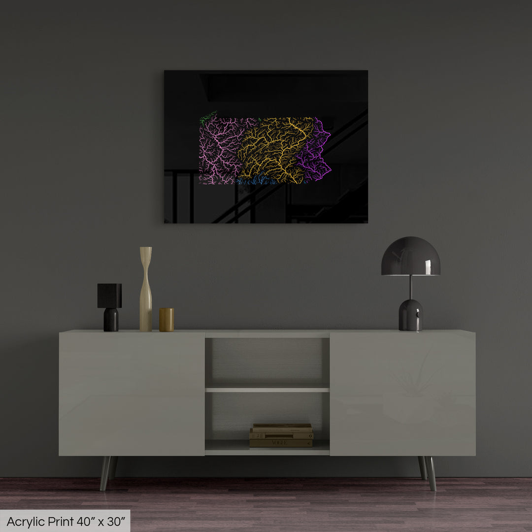 Pennsylvania - River basin map, rainbow colours - Wall Art