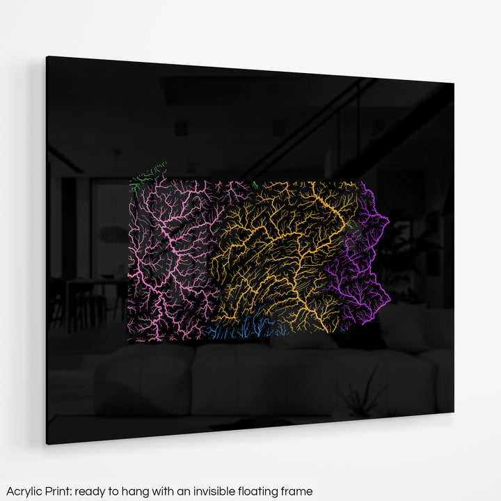 Pennsylvania - River basin map, rainbow colours - Wall Art