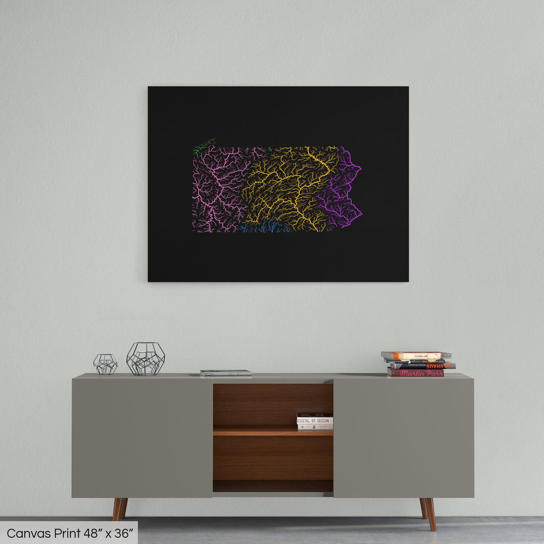 Pennsylvania - River basin map, rainbow colours - Wall Art