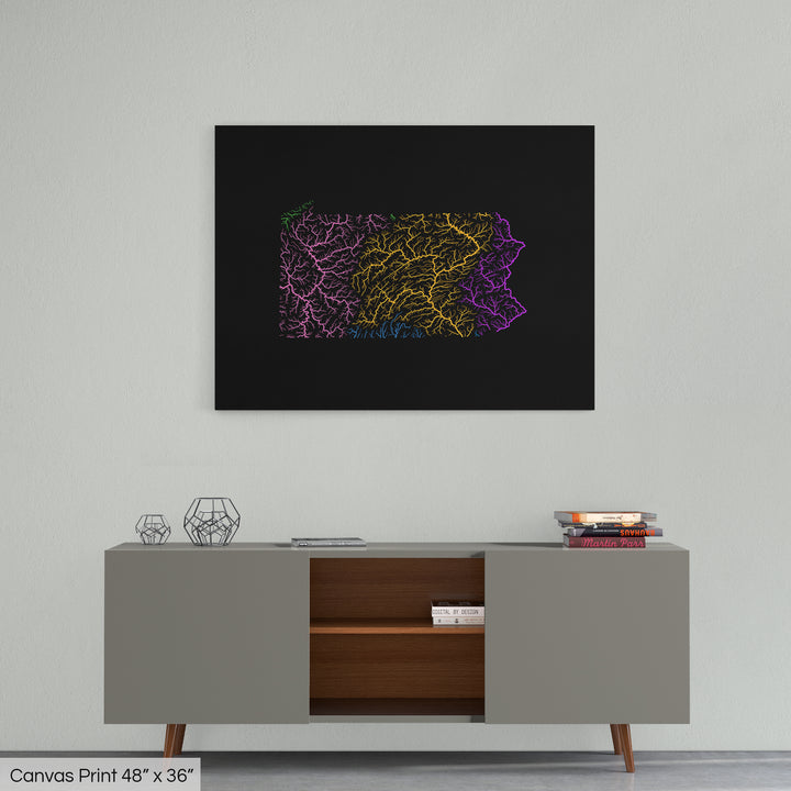 Pennsylvania - River basin map, rainbow colours - Wall Art