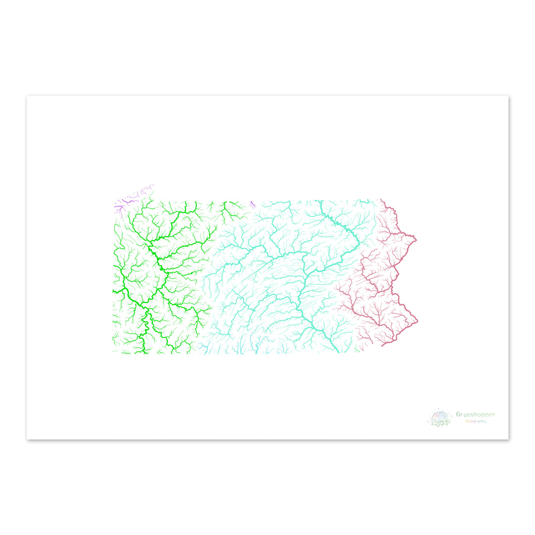 Pennsylvania - River basin map, rainbow on white - Fine Art Print