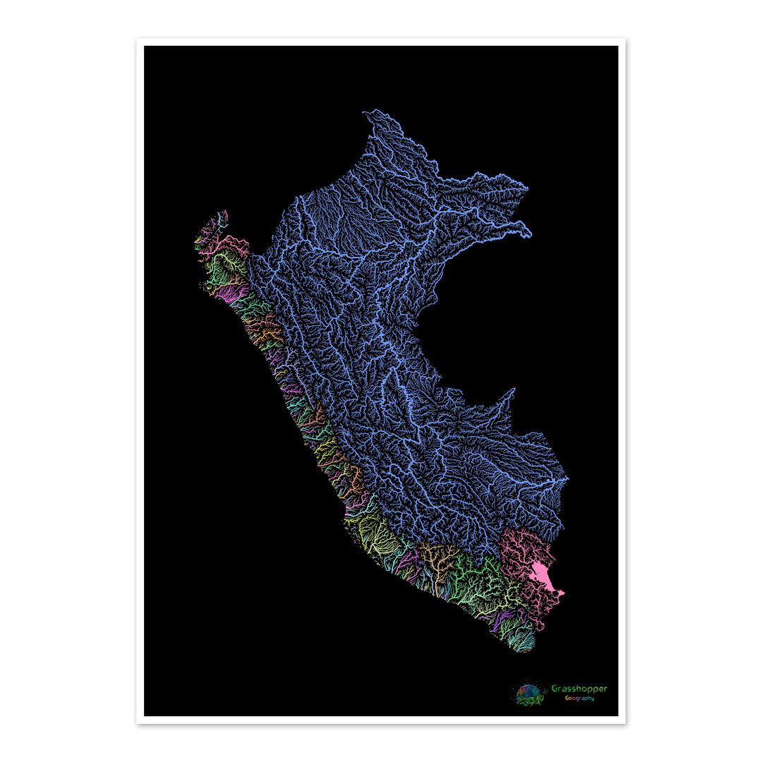 River basin map of Peru, pastel colours on black - Fine Art Print