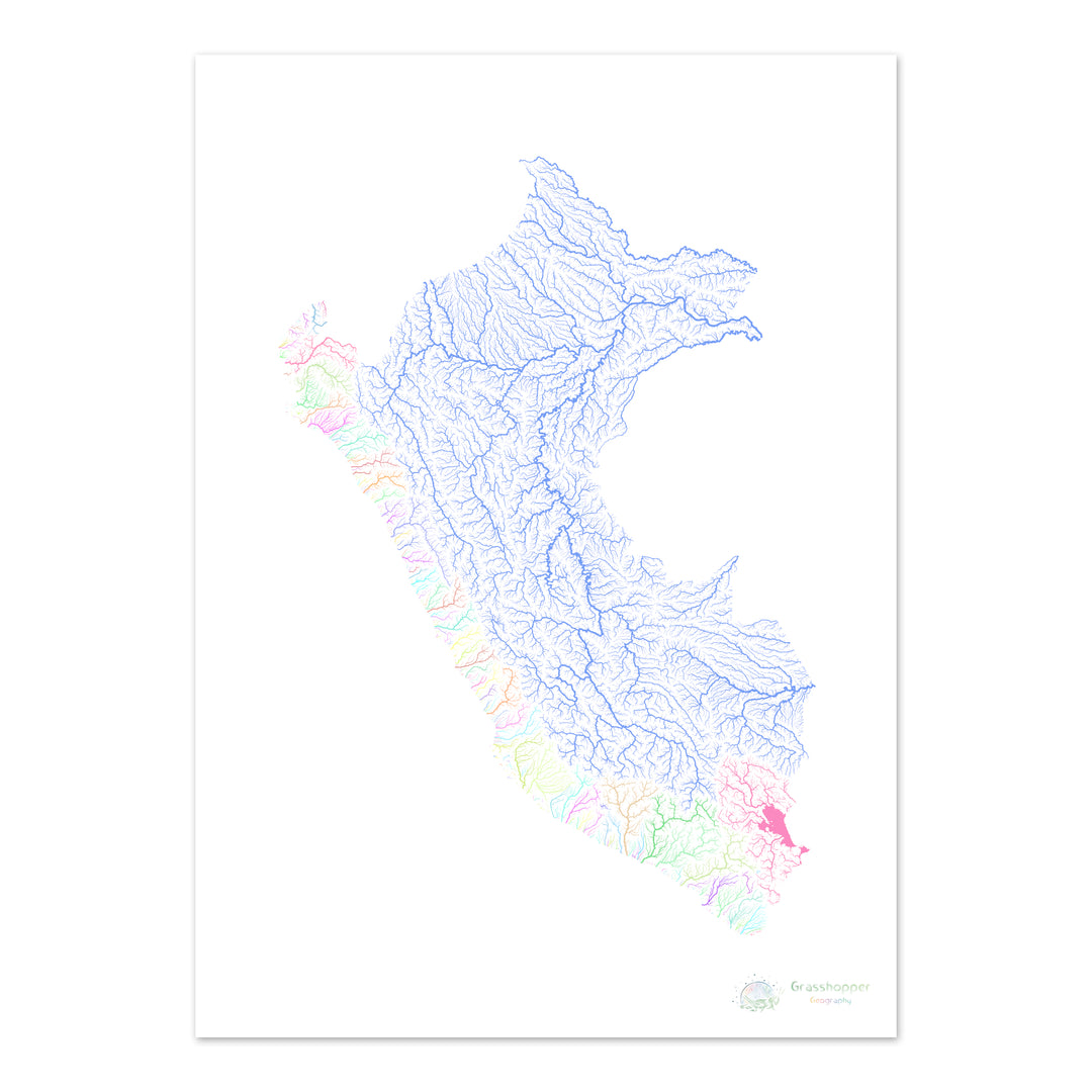 River basin map of Peru, pastel colours on white - Fine Art Print