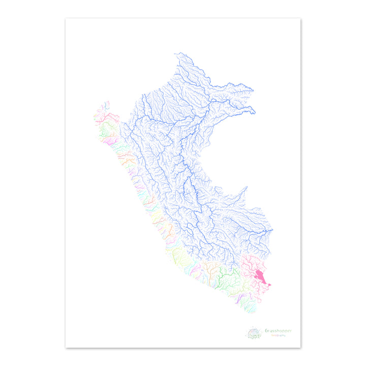Perú - Mapa de cuencas hidrográficas, pastel sobre blanco - Impresión de Bellas Artes