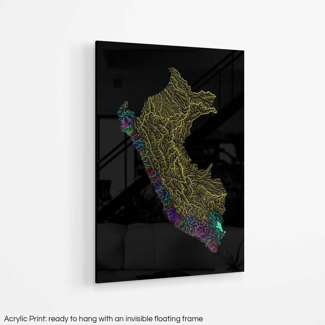 Peru - River basin map, rainbow colours - Wall Art