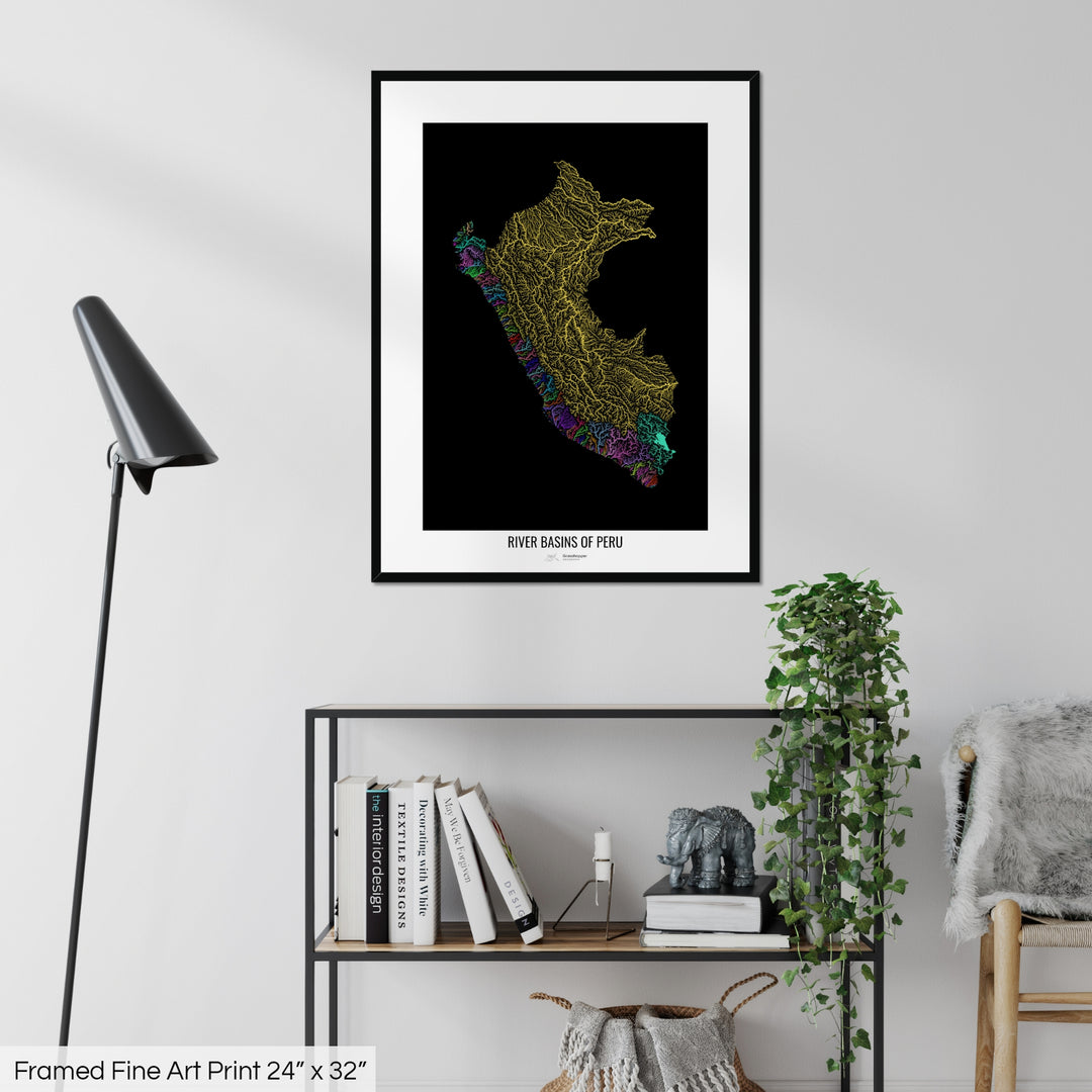 Peru - River basin map, rainbow colours - Wall Art