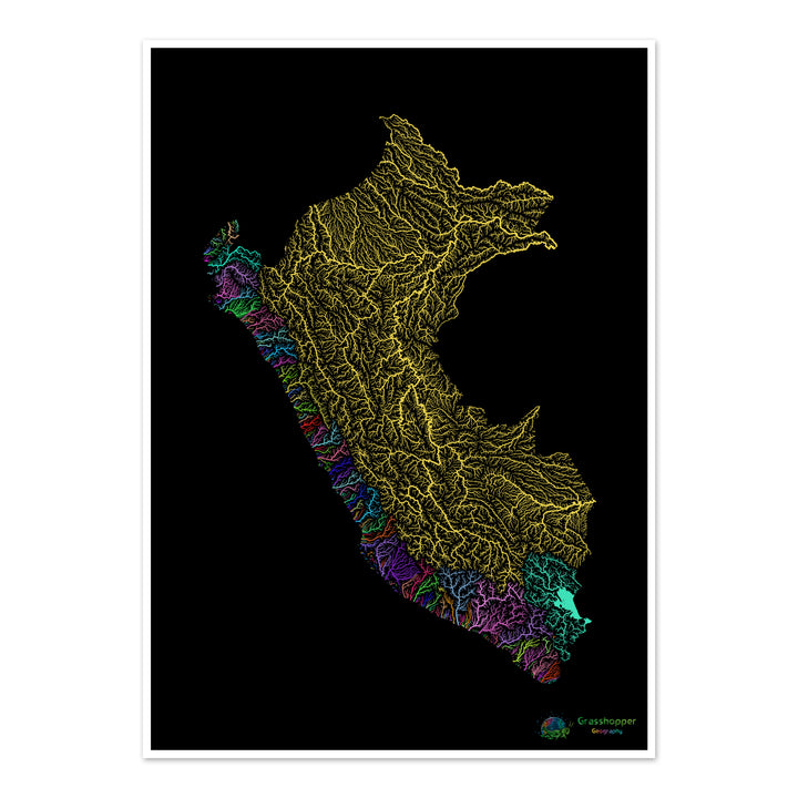 Perú - Mapa de cuencas fluviales, arcoíris sobre negro - Impresión de Bellas Artes