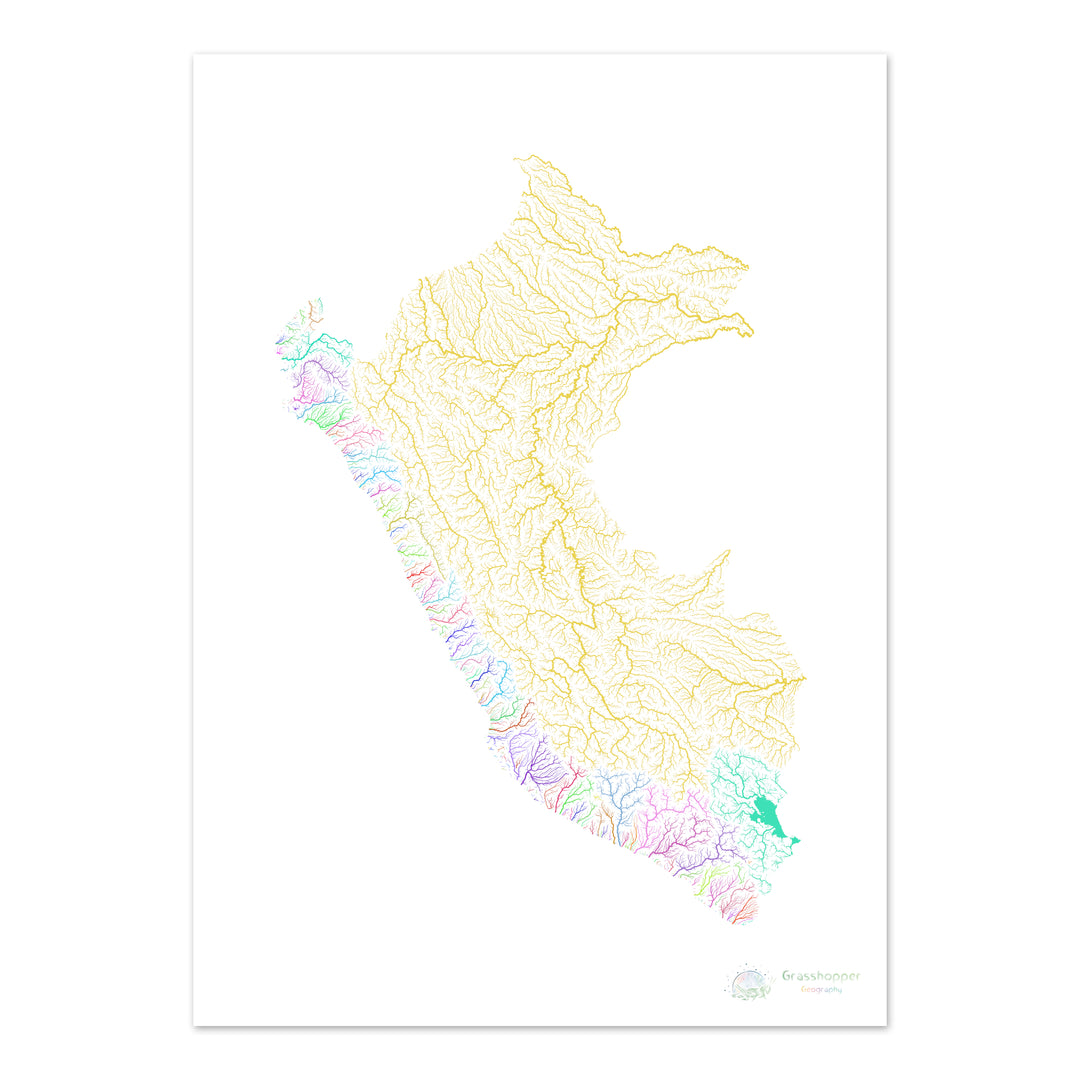 Peru - River basin map, rainbow on white - Fine Art Print
