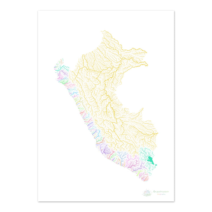 Perú - Mapa de cuencas fluviales, arco iris sobre blanco - Impresión de Bellas Artes