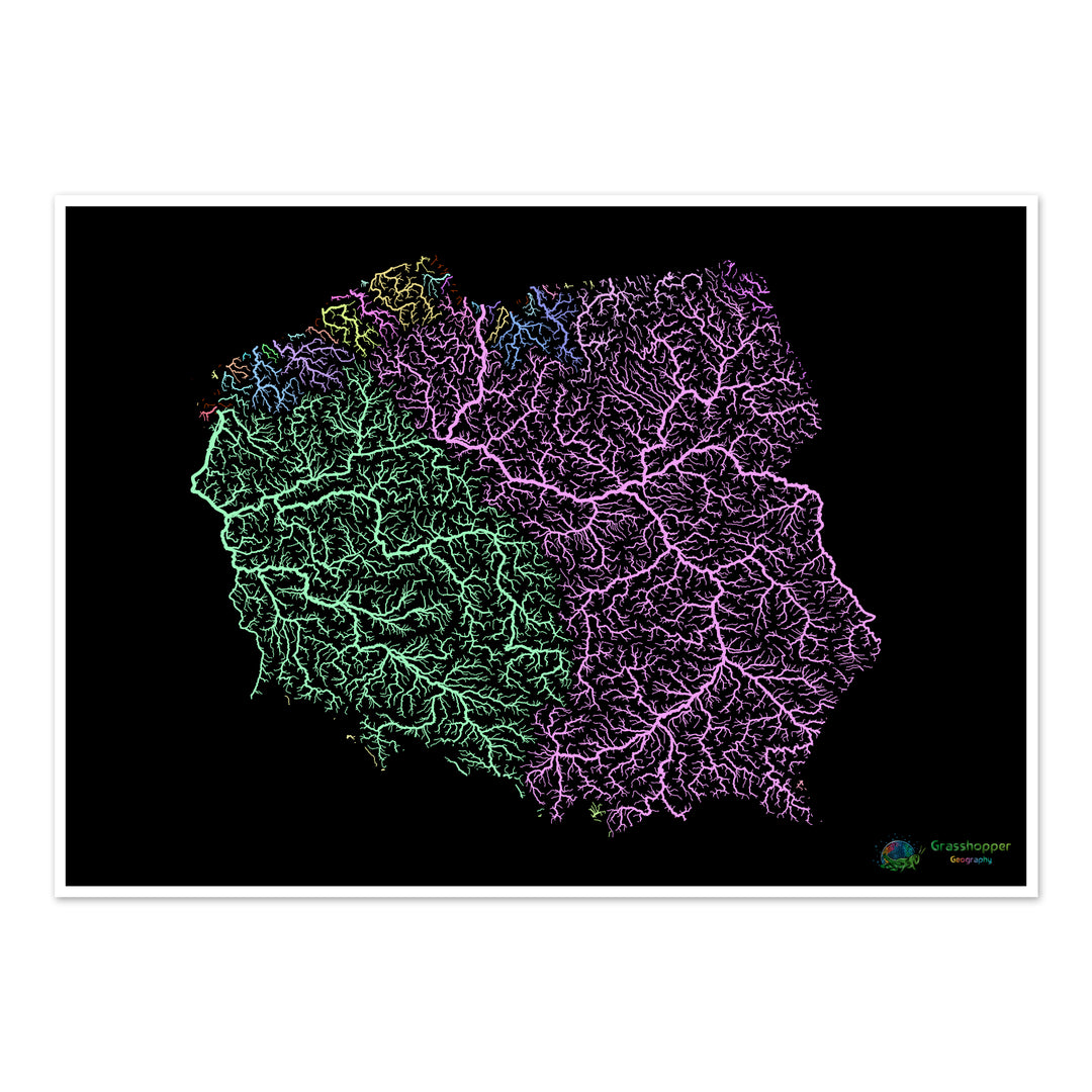 Polonia - Mapa de la cuenca fluvial, pastel sobre negro - Impresión de bellas artes