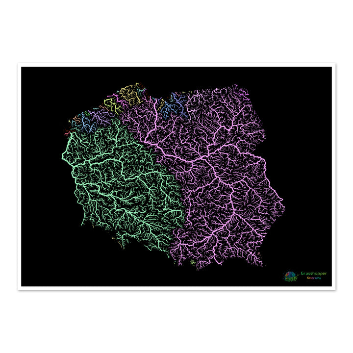 Poland - River basin map, pastel on black - Fine Art Print