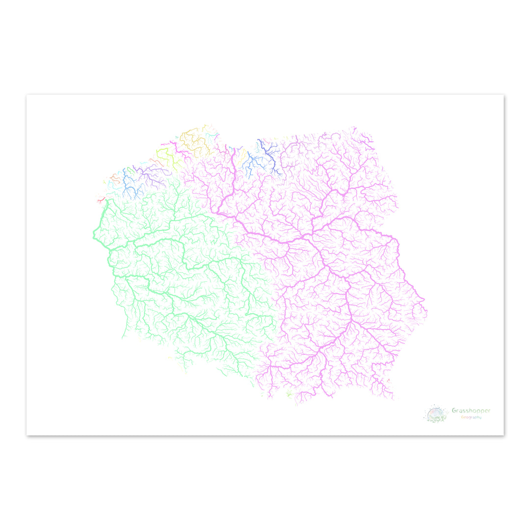 Polonia - Mapa de la cuenca fluvial, pastel sobre blanco - Impresión de Bellas Artes
