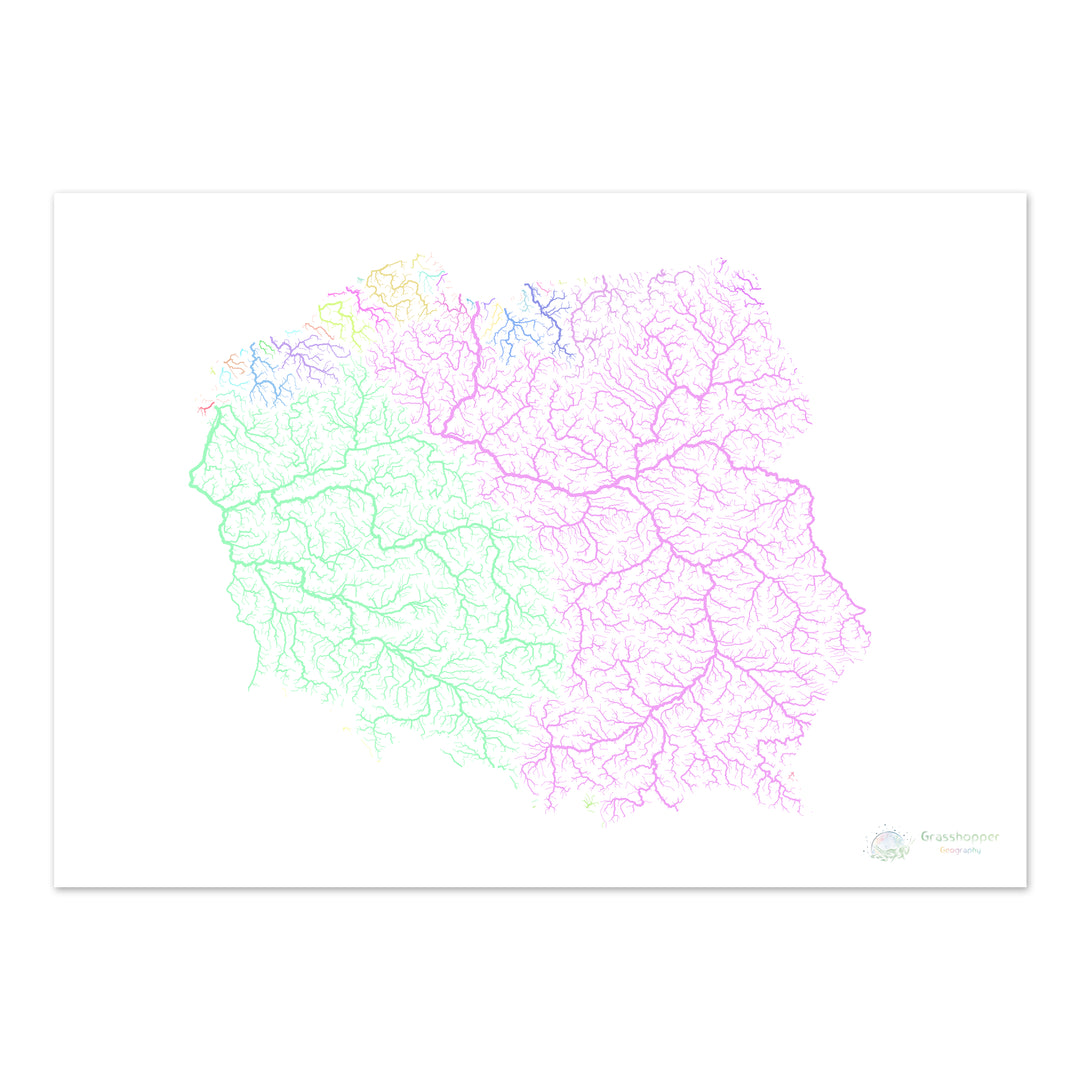 Polônia - Mapa da bacia hidrográfica, pastel sobre branco - Impressão de belas artes