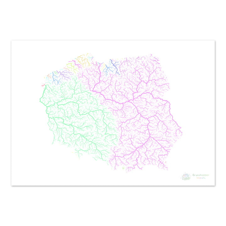 Pologne - Carte des bassins fluviaux, pastel sur blanc - Fine Art Print
