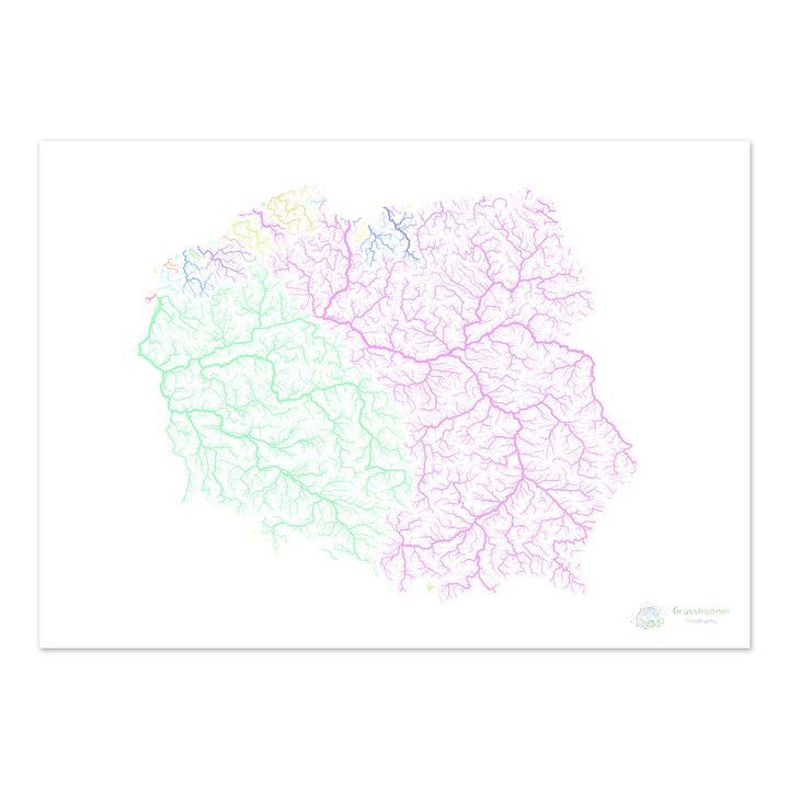 Polônia - Mapa da bacia hidrográfica, pastel sobre branco - Impressão de belas artes