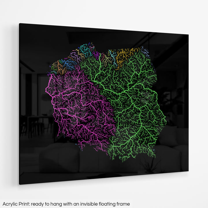 Poland - River basin map, rainbow colours - Wall Art