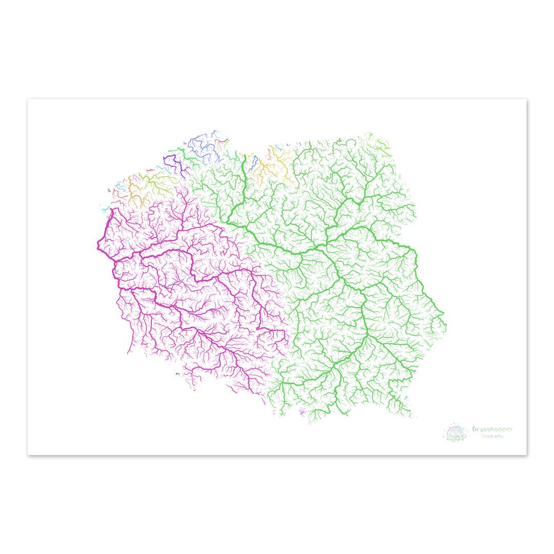 Polonia - Mapa de cuencas fluviales, arco iris sobre blanco - Impresión de Bellas Artes