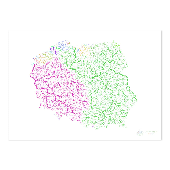 Poland - River basin map, rainbow on white - Fine Art Print