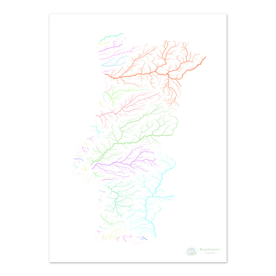 Portugal - Carte des bassins fluviaux, pastel sur blanc - Fine Art Print