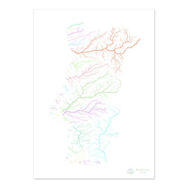 Portugal - Mapa de la cuenca fluvial, pastel sobre blanco - Impresión de Bellas Artes