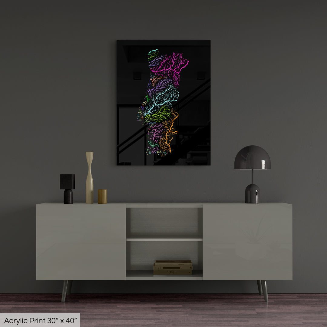 Portugal - River basin map, rainbow colours - Wall Art