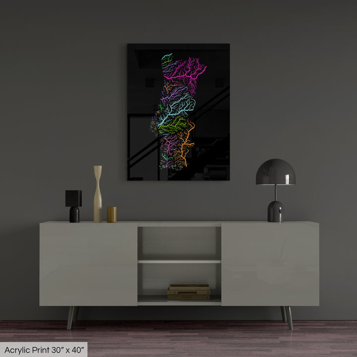 Portugal - River basin map, rainbow colours - Wall Art