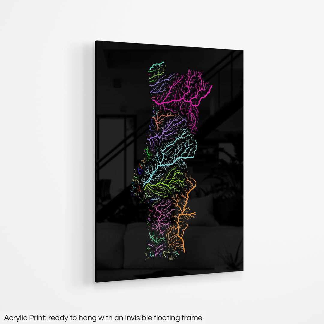 Portugal - River basin map, rainbow colours - Wall Art