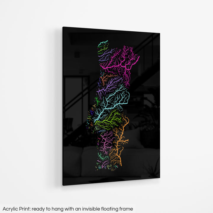 Portugal - River basin map, rainbow colours - Wall Art