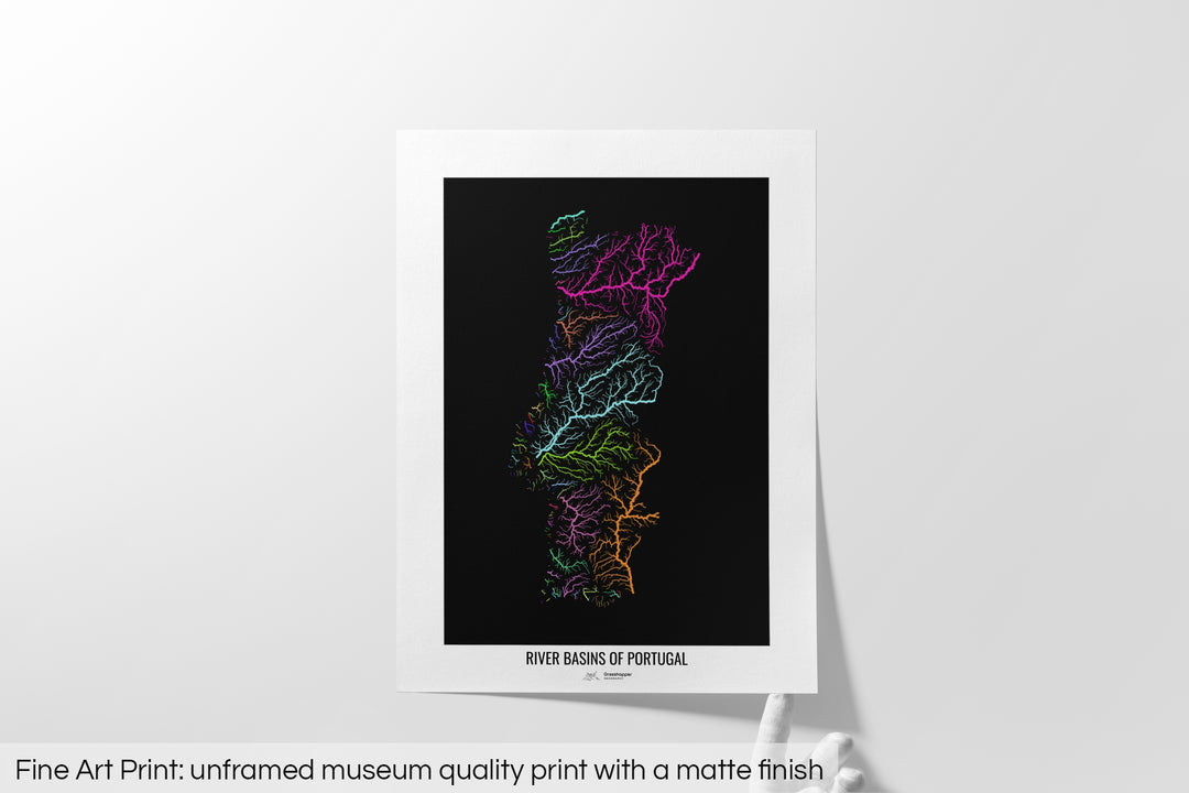 Portugal - River basin map, rainbow colours - Wall Art