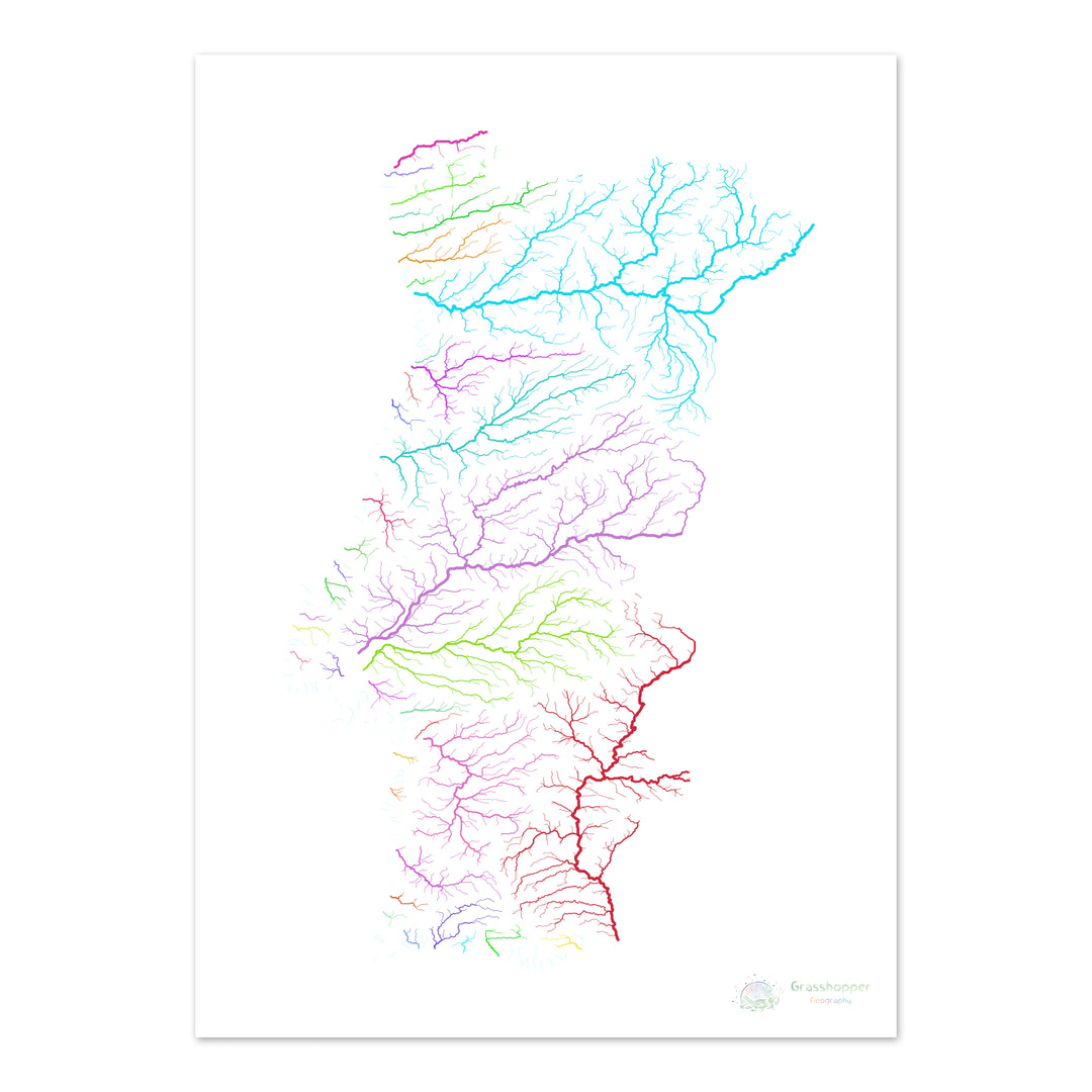 Portugal - River basin map, rainbow on white - Fine Art Print