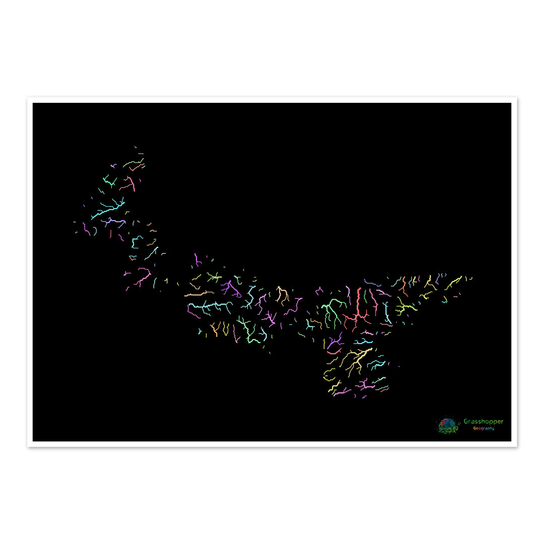 Île-du-Prince-Édouard - Carte des bassins fluviaux, pastel sur noir - Tirage d'art