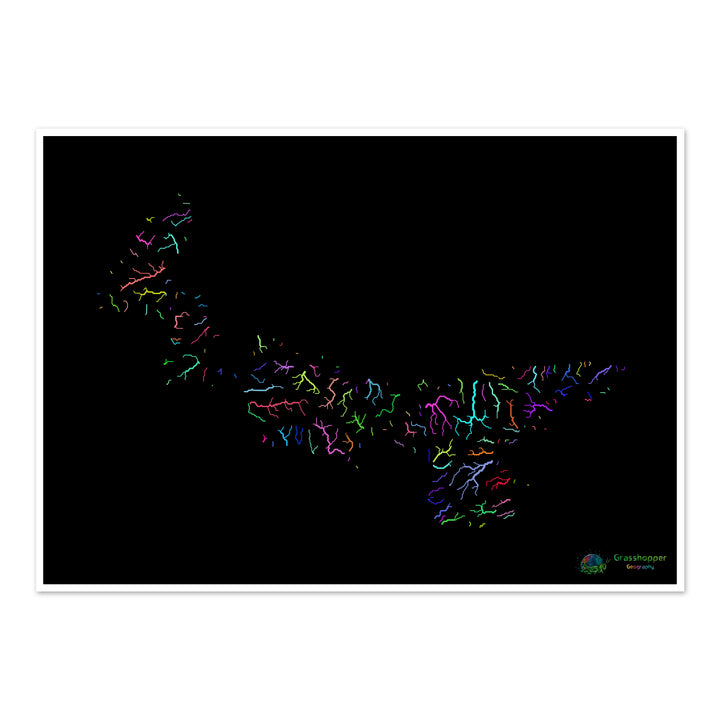 Isla del Príncipe Eduardo - Mapa de la cuenca fluvial, arco iris sobre negro - Impresión de bellas artes