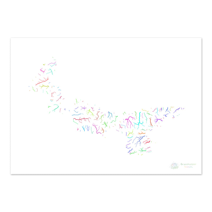 River basin map of Prince Edward Island, rainbow colours on white Fine Art Print