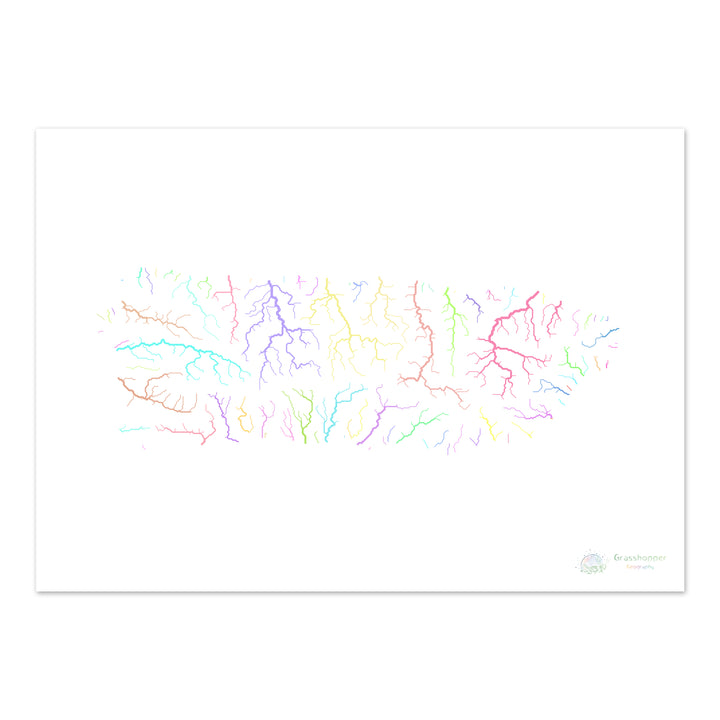 Porto Rico - Mapa da bacia hidrográfica, pastel sobre branco - Impressão de belas artes