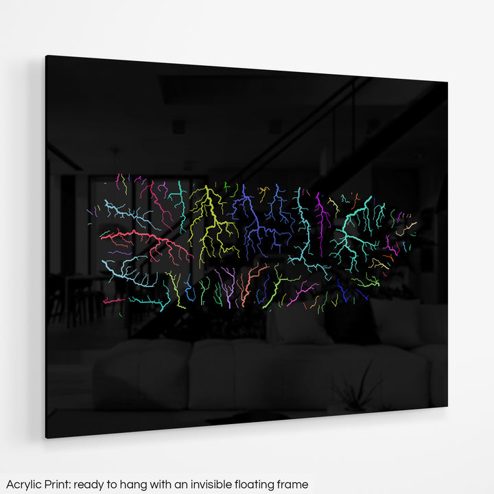Puerto Rico - River basin map, rainbow colours - Wall Art