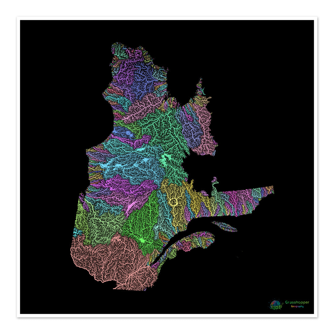 Quebec - Mapa de la cuenca fluvial, pastel sobre negro - Impresión de Bellas Artes