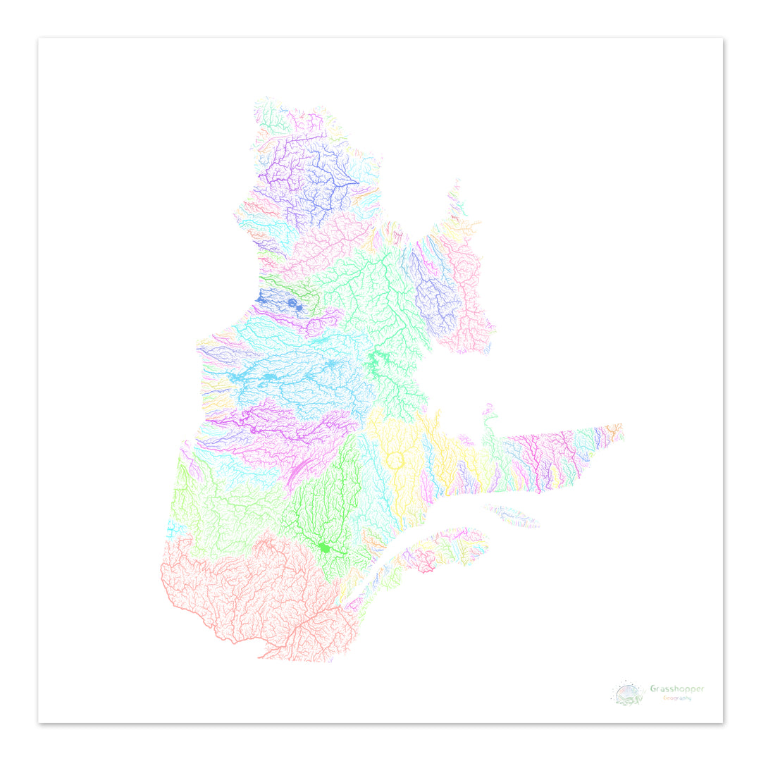 Québec - Carte des bassins fluviaux, pastel sur blanc - Tirage d'art