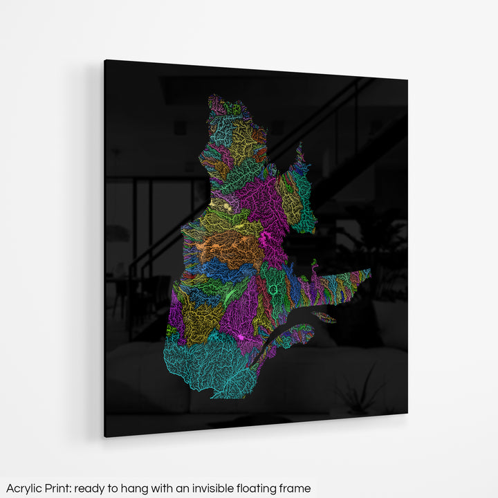 Quebec - River basin map, rainbow colours - Wall Art