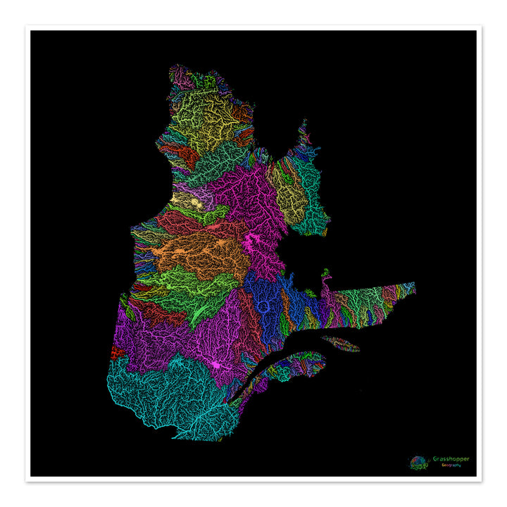 River basin map of Quebec, rainbow colours on black - Fine Art Print