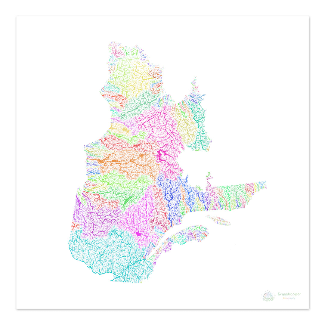 River basin map of Quebec, rainbow colours on white Fine Art Print