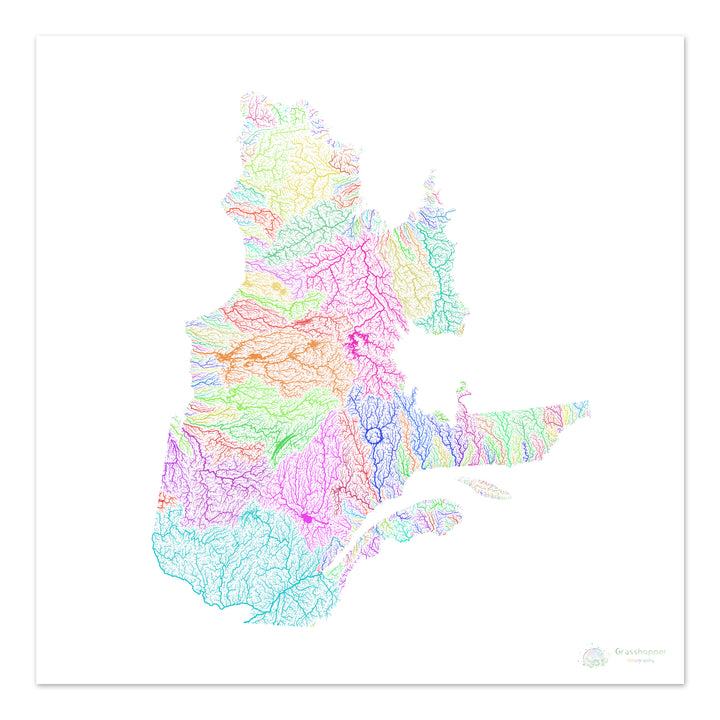 Quebec - Mapa de la cuenca fluvial, arco iris sobre blanco - Impresión de Bellas Artes