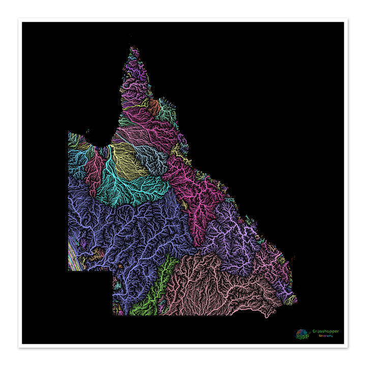 River basin map of Queensland, pastel colours on black - Fine Art Print