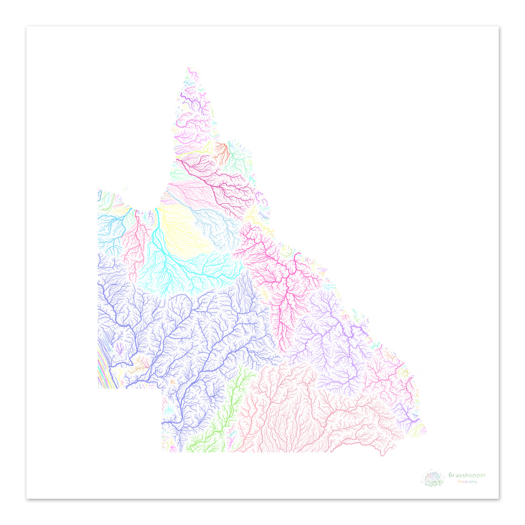 Queensland - Carte du bassin fluvial, pastel sur blanc - Fine Art Print